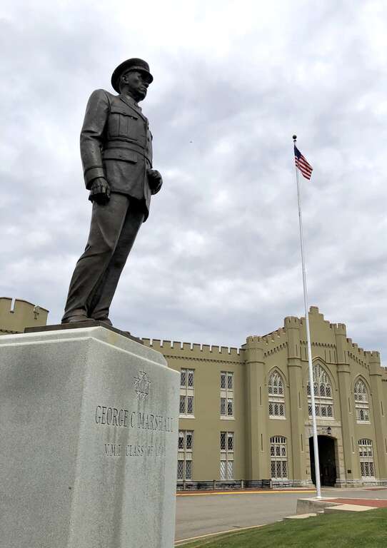 Bronze statue of George C. Marshall atop a granite pedestal at the Virginia Military Institute, Lexington, Virginia.