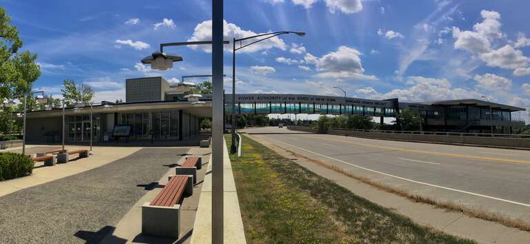 Niagara Power Vista, 5777 Lewiston Road, Lewiston, New York, July 2020. With the visitor center (left), the observation deck across the way adjacent to the gorge itself (right), and the 257-foot skybridge that traverses Lewiston Road and the Robert