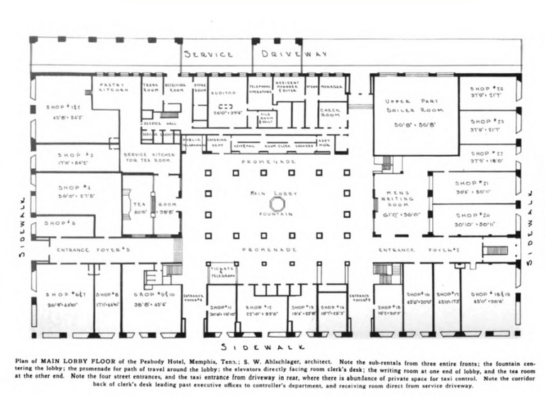 Main lobby floor plan, Peabody Hotel, 149 Union Avenue, Memphis, Tennessee. Substantial renovations have occurred since the original design. Opened 1925. Publication date 1925.