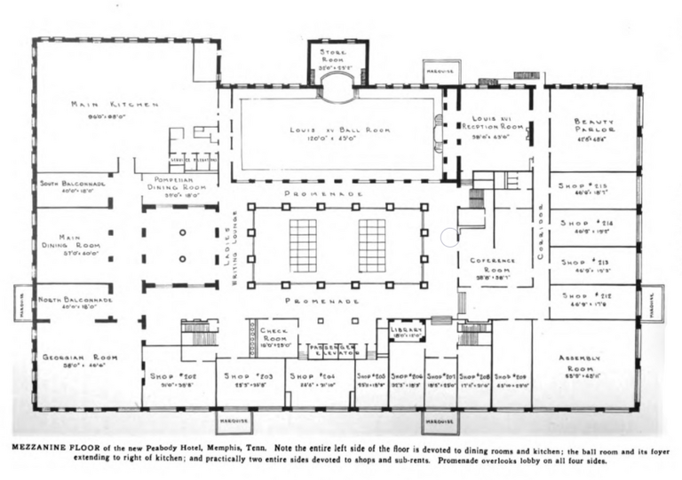 Mezzanine floor plan, Peabody Hotel, 149 Union Avenue, Memphis, Tennessee. Substantial renovations have occurred since the original design. Opened 1925. Publication date 1925.