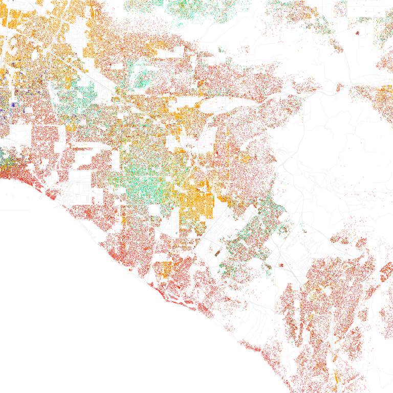 Maps of racial and ethnic divisions in US cities, inspired by Bill Rankin's map of Chicago, updated for Census 2010.
Red is White, Blue is Black, Green is Asian, Orange is Hispanic, Yellow is Other, and each dot is 25 residents.

Data from Census