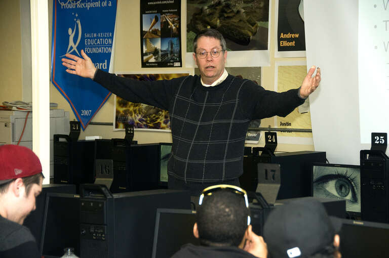 ODOT's Tim Potter visits with students at McNary High School in Salem during Engineer's Month.