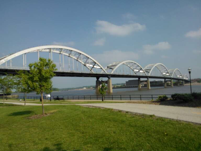 The Rock Island Centennial Bridge crosses the Mississippi River between Rock Island, Illinois and Davenport, Iowa.