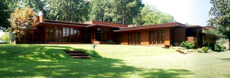 Stitched view of the &quot;front&quot; side of the Rosenbaum House. This house in Florence, AL, USA was designed by Frank Lloyd Wright in his Usonian style for Stanley and Mildred Rosenbaum, and was built in 1940.