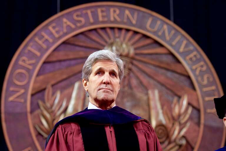 U.S. Secretary of State John Kerry sits on the stage before he delivers the commencement address for Northeastern University's Class of 2016 on May 6, 2016, at TD Garden in Boston, Massachusetts. [State Department photo/ Public Domain]