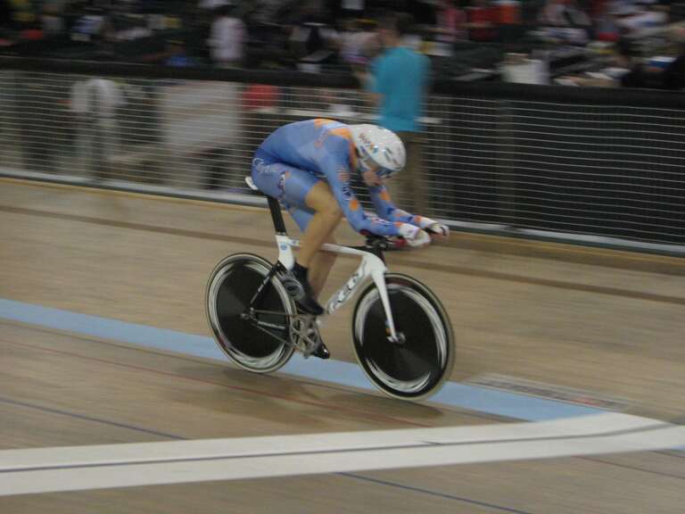 Taylor Phinney in pursuit qualifying - World Cup, Los Angeles, 18 Jan 2008.  He was in the 11th of 12 pairings, and set the fastest time so far.  One rider in the last pair set a faster time, setting the two up for the gold medal ride.
