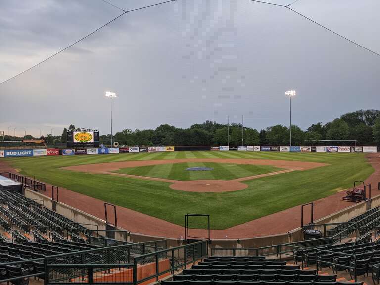 The interior of Wintrust field, showing the baseball diamond and a few seats.