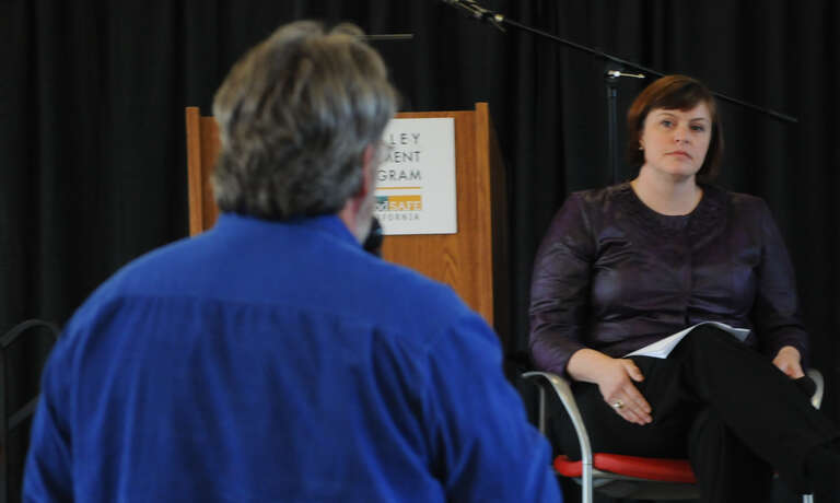 WEST SACRAMENTO, Calif. (Dec. 9, 2010) – U.S. Army Corps of Engineers Sacramento District’s Alicia Kirchner addresses questions about the Corps’ Central Valley Integrated Flood Management Study at the California Department of Water Resources’
