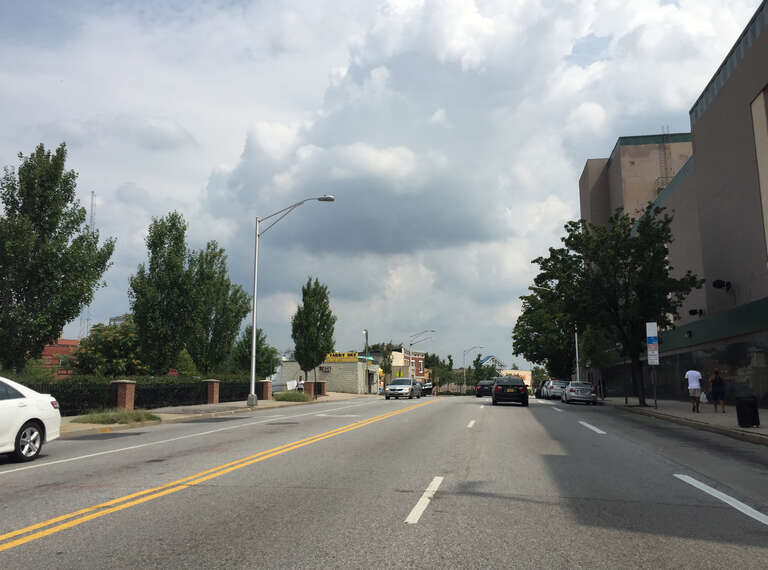 View north along Maryland State Route 147 (Harford Road) at U.S. Route 1 (North Avenue) in Baltimore City, Maryland