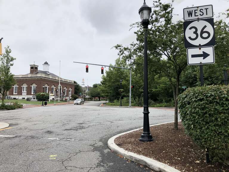 View west along Delaware State Route 36 (Walnut Street) at Causey Avenue in Milford, Sussex County, Delaware