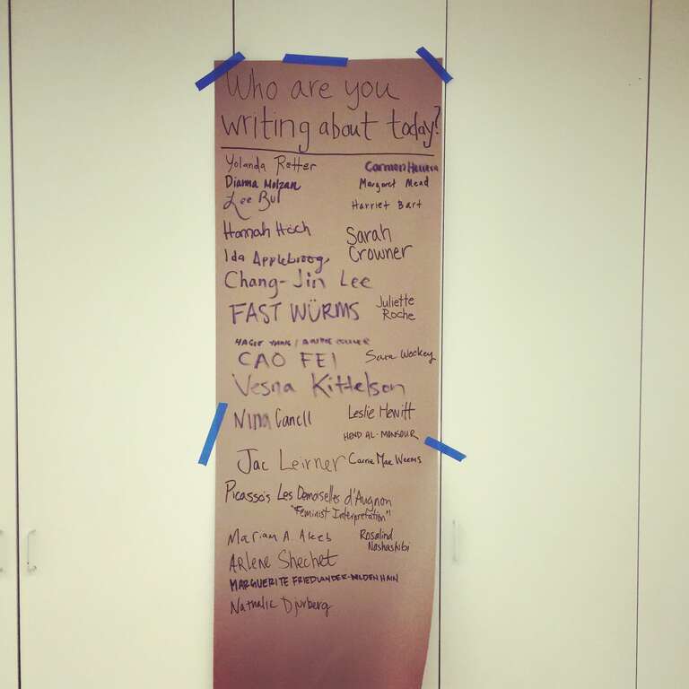 People who attended the Minneapolis Art + Feminism Edit-a-Thon answered the question, &quot;Who are you writing about today?&quot;