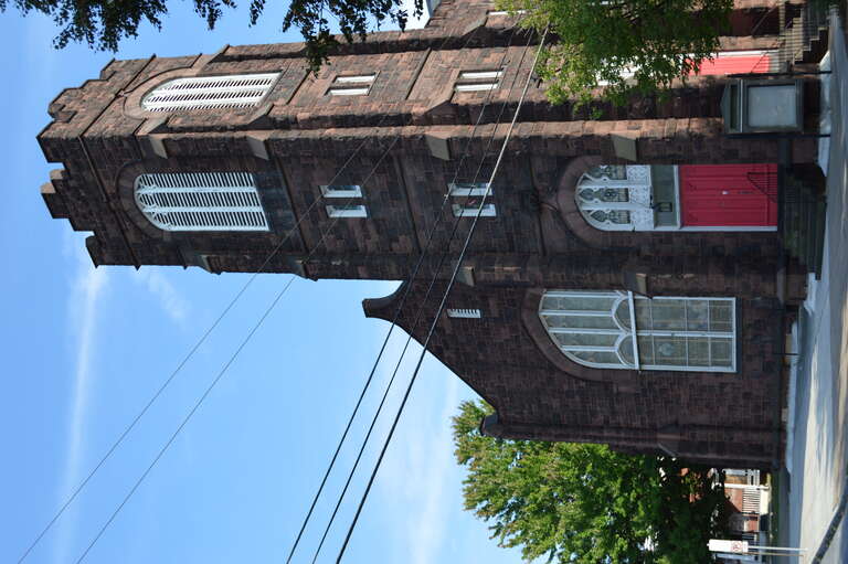 Front of the former B.E. Stevens Methodist Church, located on the southeastern corner of the junction of Thirteenth and Vernon Streets in Harrisburg, Pennsylvania, United States.  Built in 1907, it is part of the Mount Pleasant Historic District, a