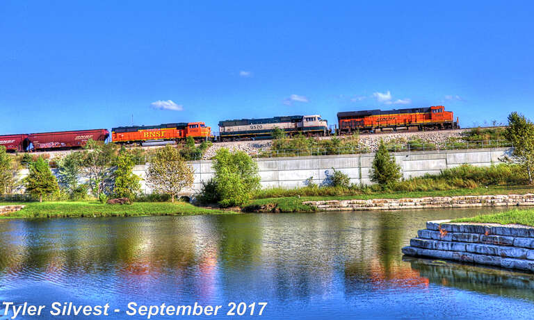 Burlington Northern Santa Fe 3968(ET44C4), 9570(SD70MAC) and 8966(SD70MAC) Lead a Southbound Manifest that is tied down near the Ridgeview Road Overpass South of Santa Fe Street in Olathe, Kansas along the BNSF Fort Scott Sub.
Train: H NTWTUL1