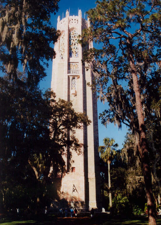 Bok Tower was built in 1927-1929 by Edward and Mary Louise Curtis Bok.  It was on the grounds of a bird sanctuary which they had created in the early 1920s, near Lake Wales, Florida.  Bok Tower contains a 60-bell carillon, which is played daily.  The