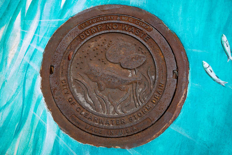 City of Clearwater storm drain manhole lid with fish design. States Dump No Waste.