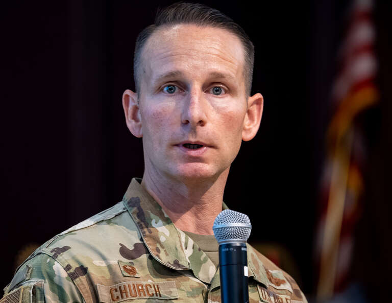 Colonel Geoffrey I. Church, the Installation Commander and the 9th Reconnaissance Wing Commander, Beale Air Force Base, California, presenting at the Rotary Club of Chico on May 23, 2023
