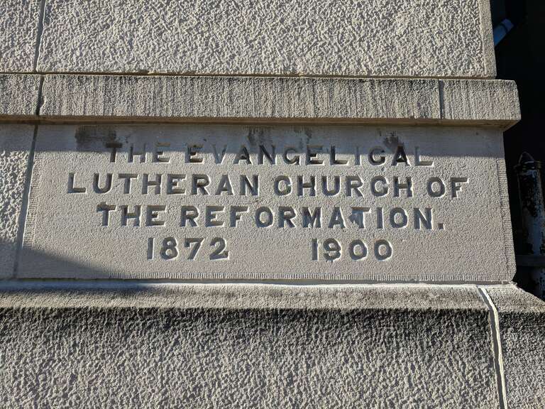 English Evangelical Church of the Reformation and Parish House cornerstone as it appeared in 2018