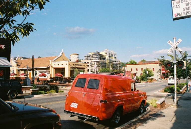 The Dickson Street railroad intersection in Fayetteville, Arkansas.)