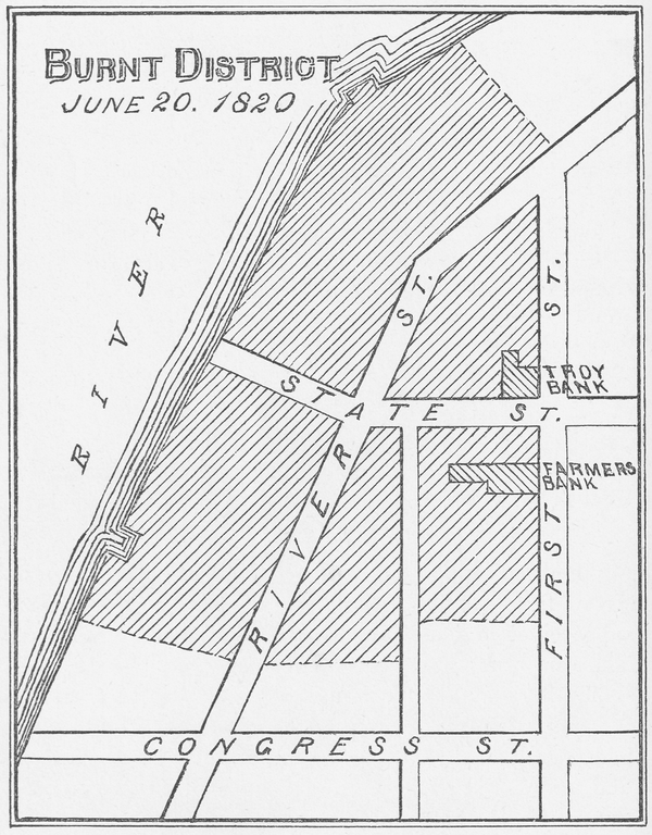Engraving of the area of fire damage in Troy, New York, United States on June 20, 1820