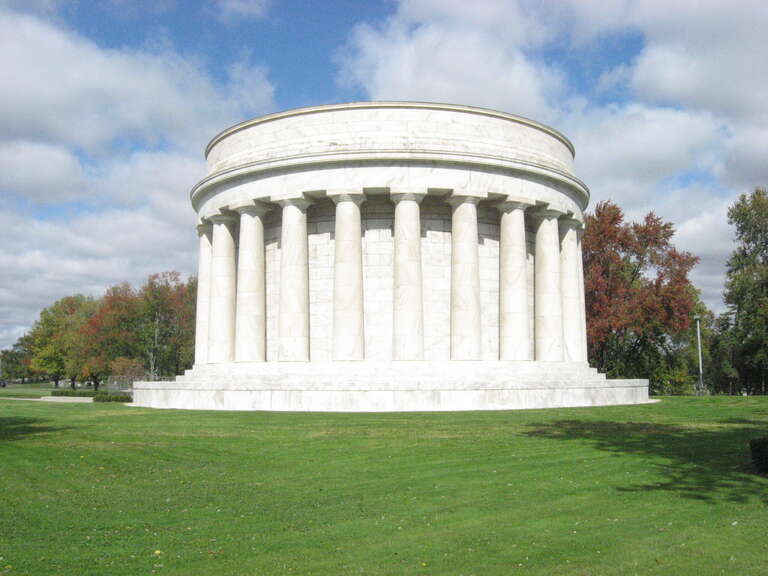 Southern side of the Harding Tomb, located in the city cemetery in Marion, Ohio, United States.  Built in 1926 as a memorial to U.S. President Warren G. Harding, it is the location of his and Mrs. Harding's caskets.  The tomb is listed on the