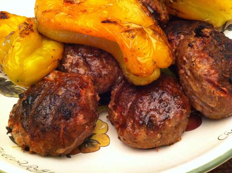 Home-made Turkish köfte and roasted yellow peppers