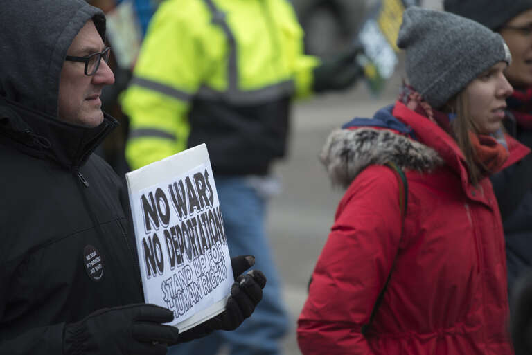 Minneapolis, Minnesota
December 10, 2017
Around 200 people gathered in Powderhorn Park on International Human Rights Day and then marched down Lake Street. The protesters called for the end of human rights abuses in Palestine, Israel, Syria,