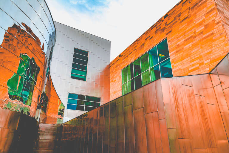 The Iowa Advanced Technology Laboratories (IATL) building at 205 North Madison Street on the University of Iowa campus along the Iowa River in Iowa City, Iowa. Designed by Frank O. Gehry and built in 1992.