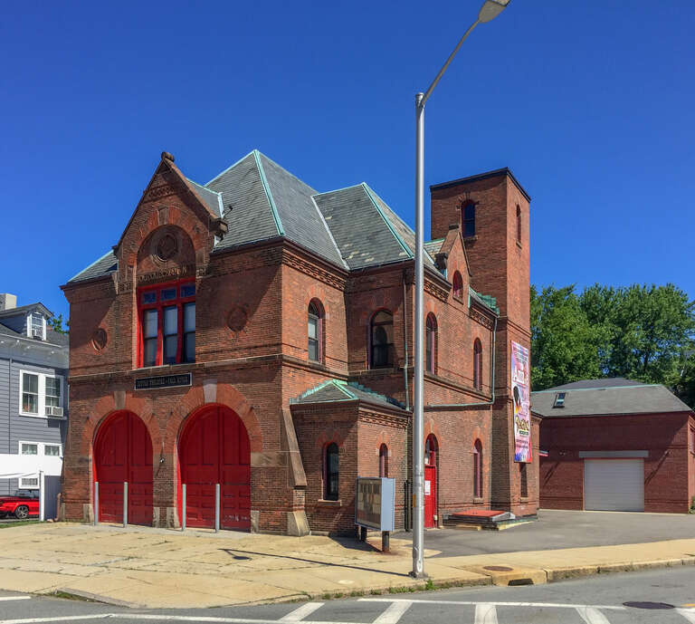 "Quequechan No. 1", an engine house (fire barn), now Little Theatre of Fall River, at the corner of Prospect Street and Highland Avenue.
