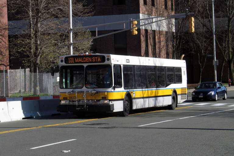 MBTA route 101 bus across the street from Malden Center station in April 2017