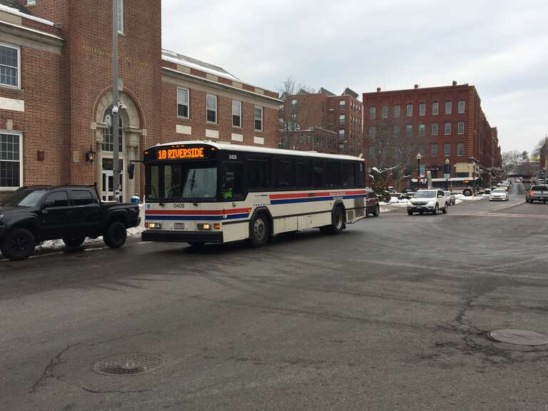 MVRTA route 18 bus on Merrimack Street in Haverhill in December 2017