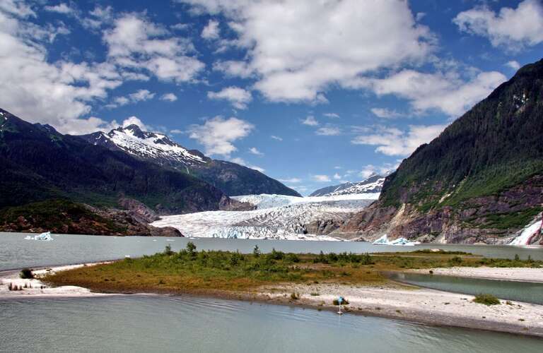 The Mendenhall Glacier, seen from the visitor's center.  As recently as twenty years ago, the glacier used to be where the visitor's center is, but it has melted significantly.