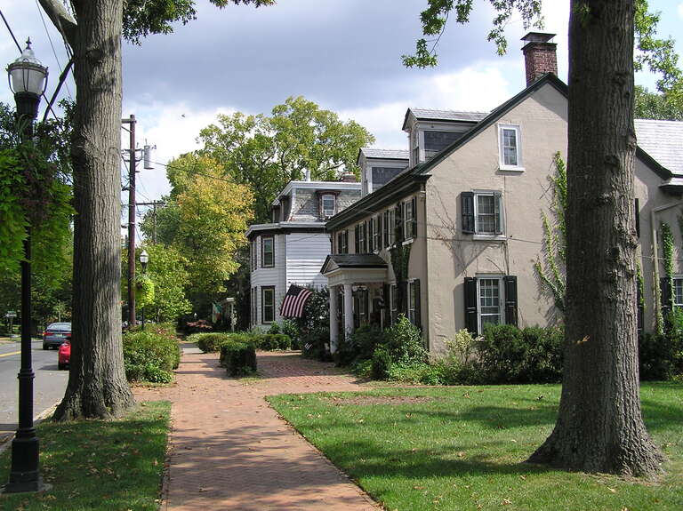 Looking down East Main Street in the Moorestown Historic District in Moorestown Township, NJ.