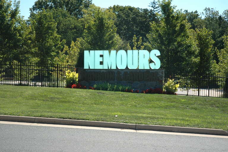 Entrance sign for the Nemours mansion in Wilmington, Delaware.