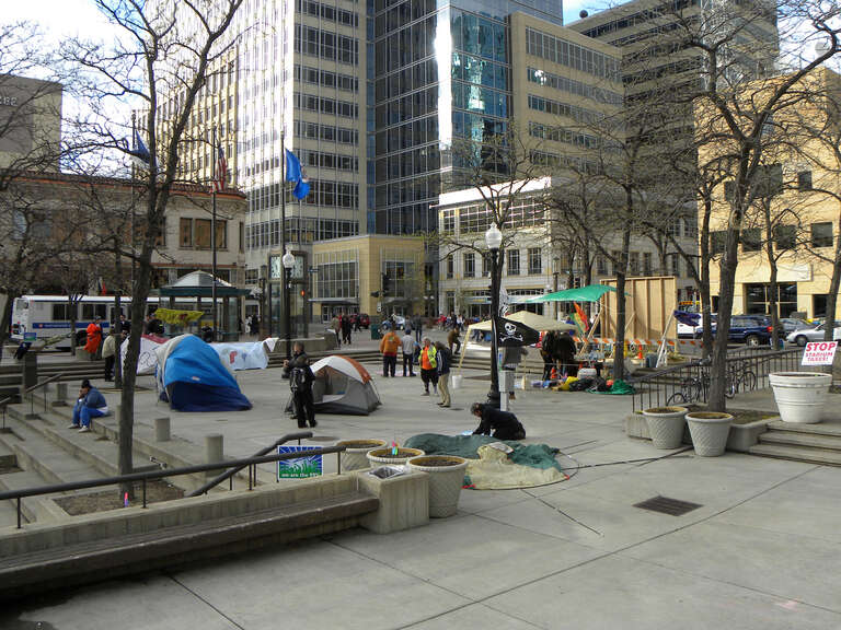 Occupy Minneapolis sets up tents in downtown Minneapolis' Peavey Plaza on April 7, 2012.