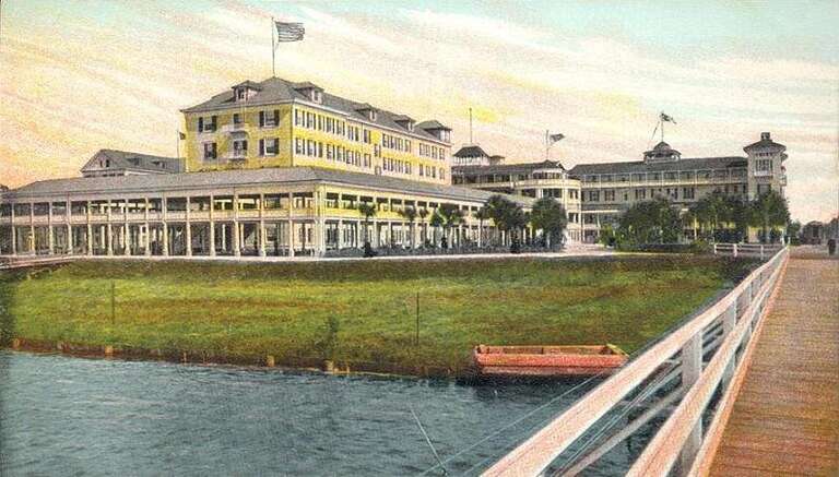 Ormond Hotel (or Hotel Ormond), Ormond Beach, FL; from a circa 1905 postcard. The first Ormond bridge can be seen to the right side.