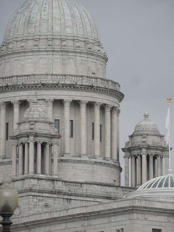 Providence, RI: Rhode Island State House dome, southeast view from Steeple Street; in April 2019