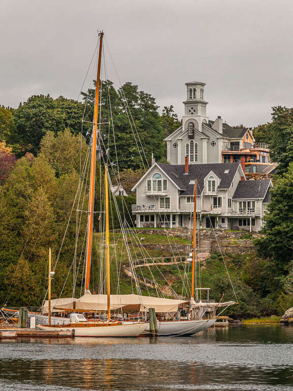 Rockport, Maine has a very pretty harbor and in season has lots of boat moored there.