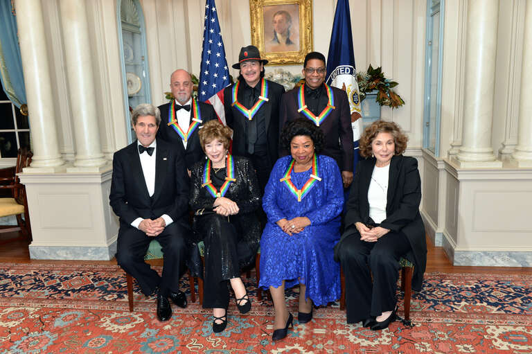 U.S. Secretary of State John Kerry and Mrs. Teresa Heinz Kerry pose for a photo with the 2013 Kennedy Center honorees -- Shirley MacLain, Martina Arroyo, Billy Joel, Carlos Santana, and Herbie Hancock at the U.S. Department of State in Washington,