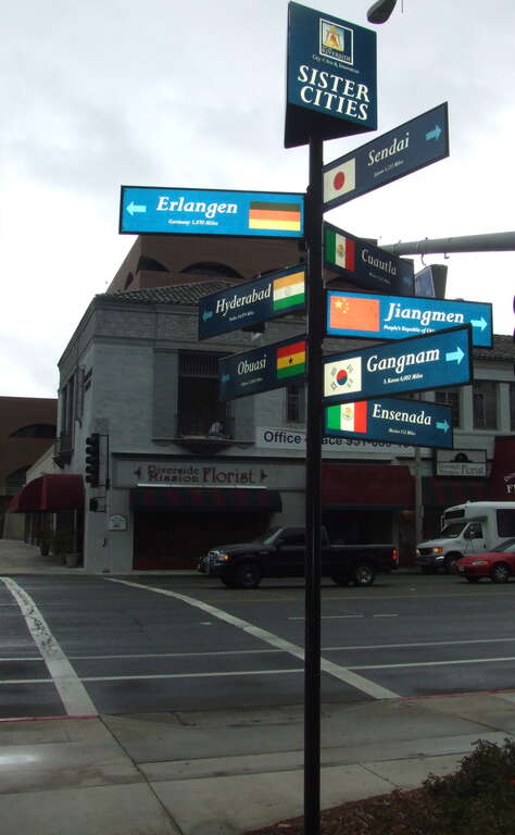 Sister City sign for Riverside, California in front of White Park in downtown Riverside
