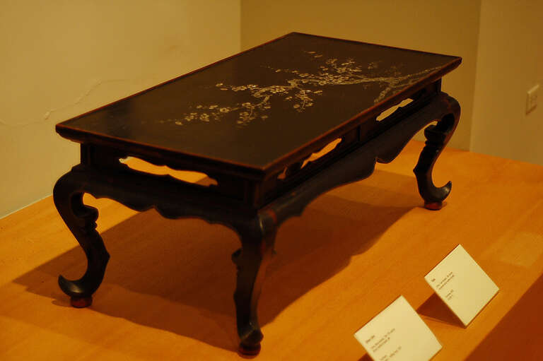 Lacquered wood with mother-of-pearl table, China, Yuan dynasty, 14th century, Honolulu Academy of Arts.
Details were difficult to catch because of the darkness of this table and the fact the picture had to be taken in existing light. Again, I took