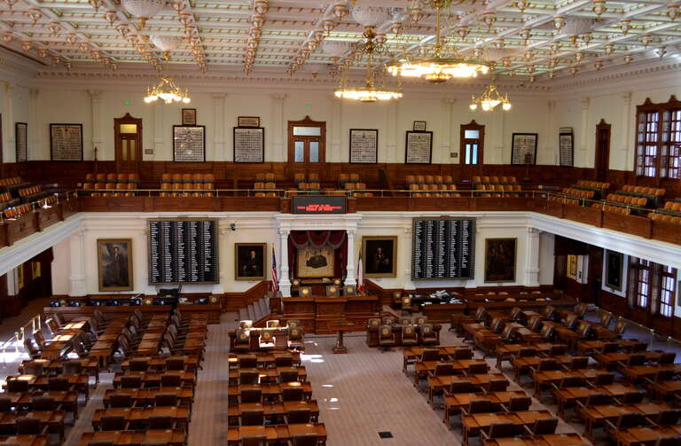 The chamber of the Texas House of Representatives in the Texas State Capitol in Austin, Texas.