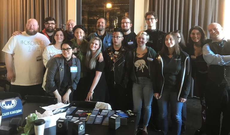 Magic: the Gathering personalities gathered for &quot;The Chalice&quot; charitable project.
Back row, left to right: Chris Van Meter (Card Kingdom), Brad Nelson (pro Magic player), Brian Braun-Duin (pro), Ryan Spain (co-created Limited Resources, ex-WotC),