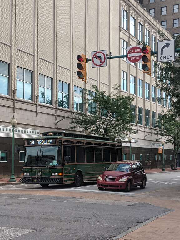 Trolley at intersection of Lee and Capitol Streets in downtown Charleston, West Virginia.