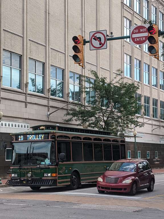 Public trolley at Lee and Capitol Streets in downtown Charleston, West Virginia.