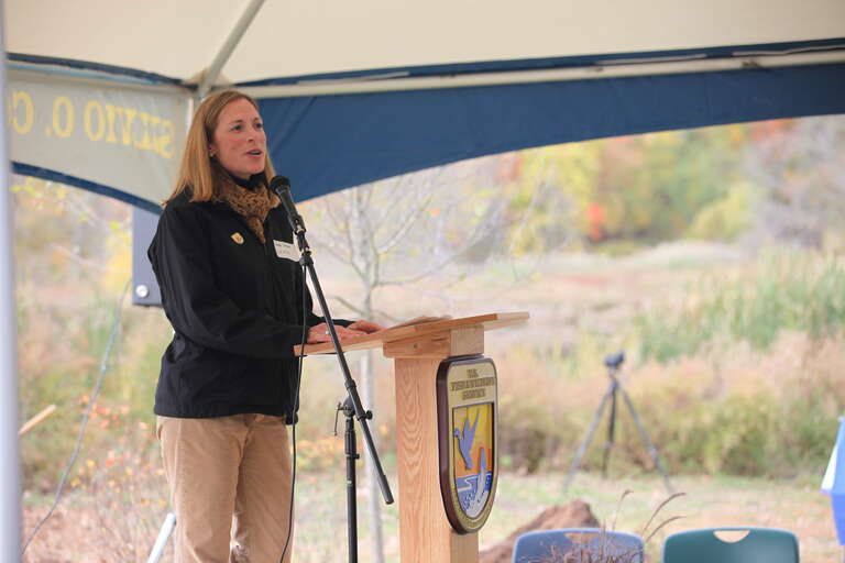 U.S. Fish and Wildlife Service Northeast Regional Director Wendi Weber addresses partners, school students, and local neighborhood groups at the New Haven Harbor Watershed Urban Wildlife Refuge Partnership designation.