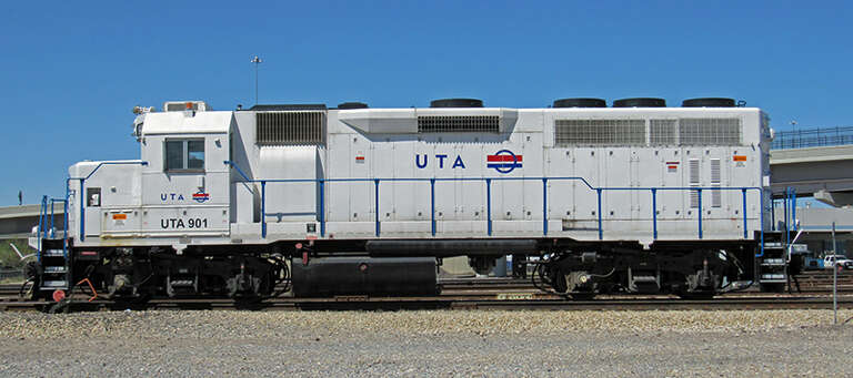 Locomotive 901, which belongs to the Utah Transit Authority. Photographed from along 600 West.