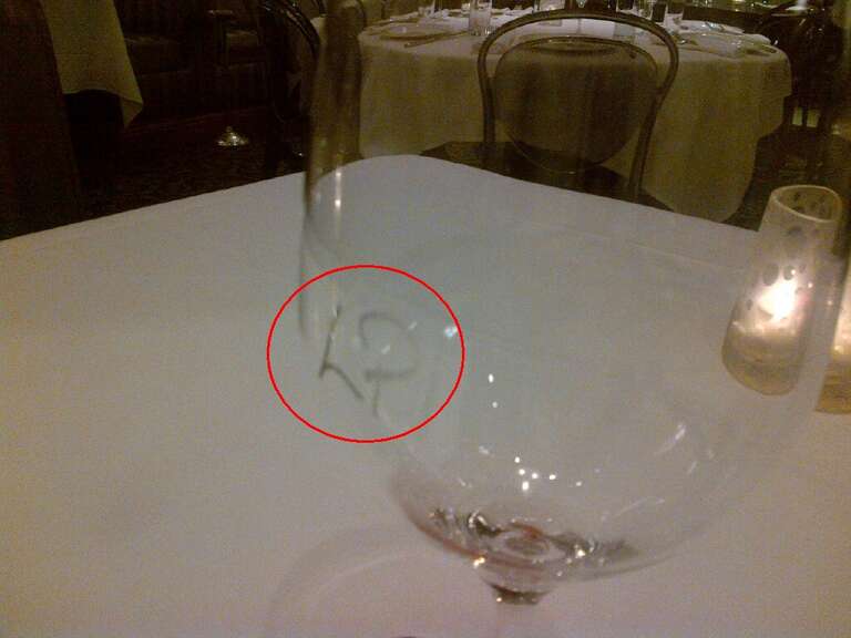Wine glass at Luke Palladino restaurant, with &quot;LP&quot; monogram etched into the glass (circled in red).