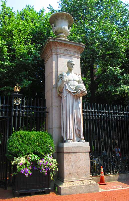 The pylons which mark the 116th Street and Broadway gates of Columbia University were freestanding before 116th Street was closed between Broadway and Amsterdam Avenue to become College Walk. Now, they are integrated into the gates, which were a gift