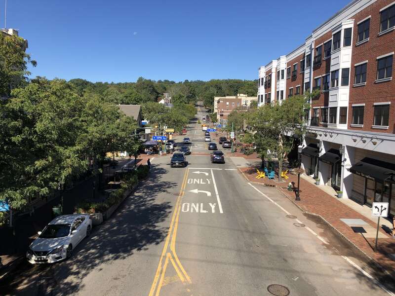 View west along Essex County Route 510 (South Orange Avenue) from the overpass for the rail line just west of Sloan Street in South Orange Township, Essex County, New Jersey