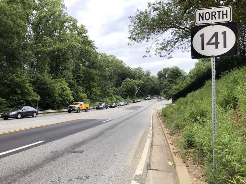 View north along Delaware State Route 141 (Powder Mill Road) just north of Rising Sun Lane and Gate Road in New Bridge, New Castle County, Delaware